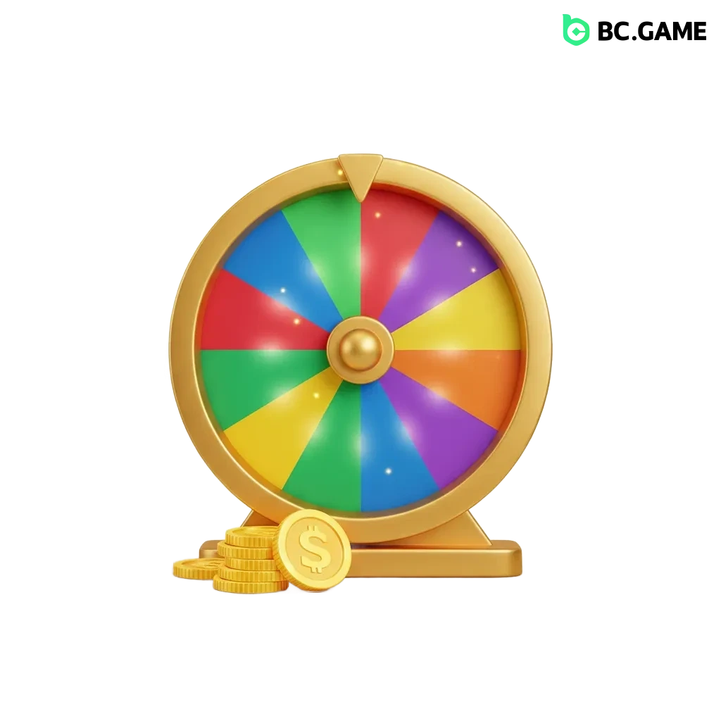 BC Game Free Lucky Spins wheel showing random prizes: BCD, small crypto, bonus credits; instant rewards when spun.