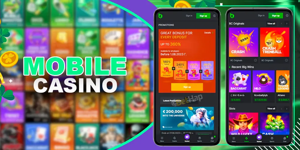Mobile app showing casino games
